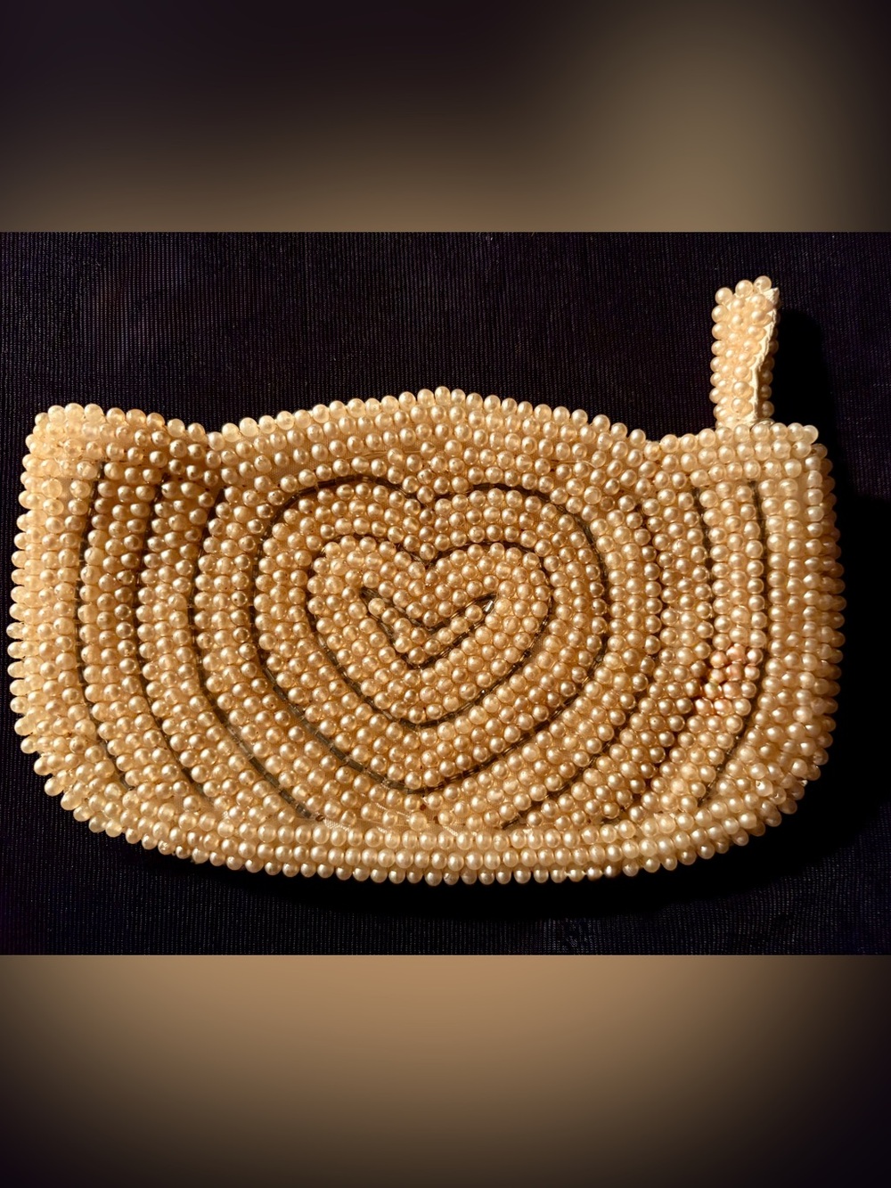 Vintage Hand Beaded Gold Pearl Heart Clutch-Made in Japan